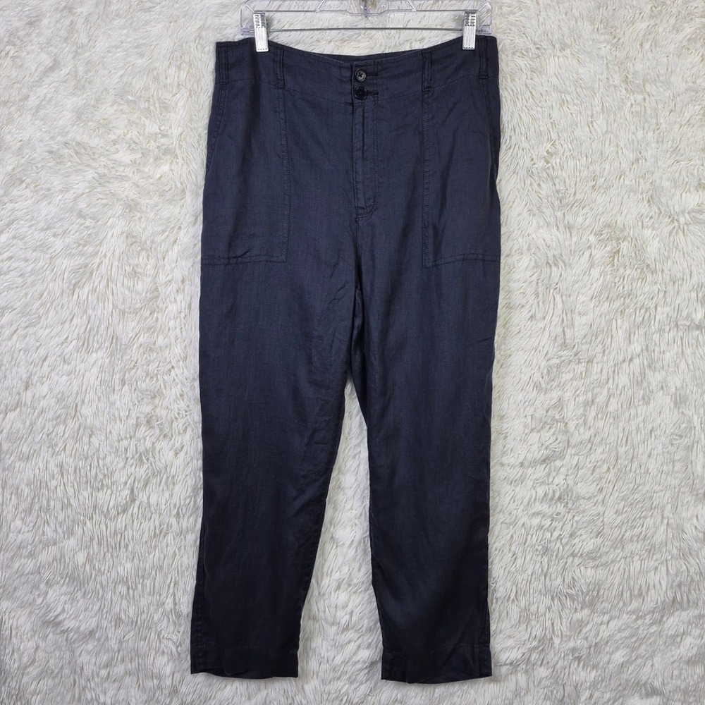 Lauren Ralph Lauren Navy Blue 100% Linen Straight Leg Petite‎ Pants 8P High Rise